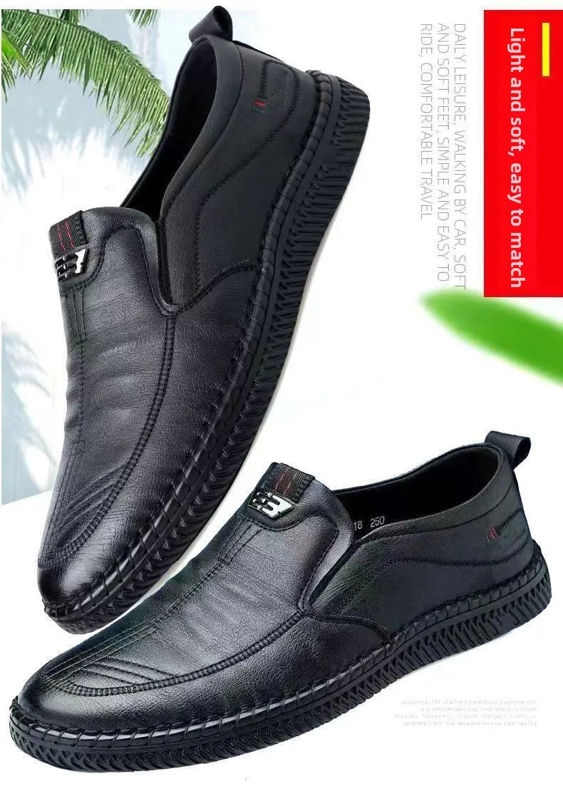Men's Casual Thick Bottom Soft Sole Leather Shoes Dad Style Versatile Low Top Spring Autumn Season Breathable Slip-On Shoes