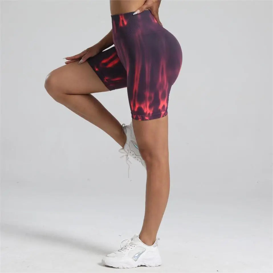 Women Nylon Gym Sports Shorts High Waist Seamless Tie dyed Elastic Fitness Yoga Leggins Pants Training Workout Tights Cycling
