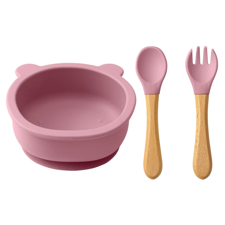 Mamaplan Baby Silicone Tableware Wooden Handle Spoon Fork Feeding Sucker Bowl Training Learning Baby Stuff  Baby Dinner Set