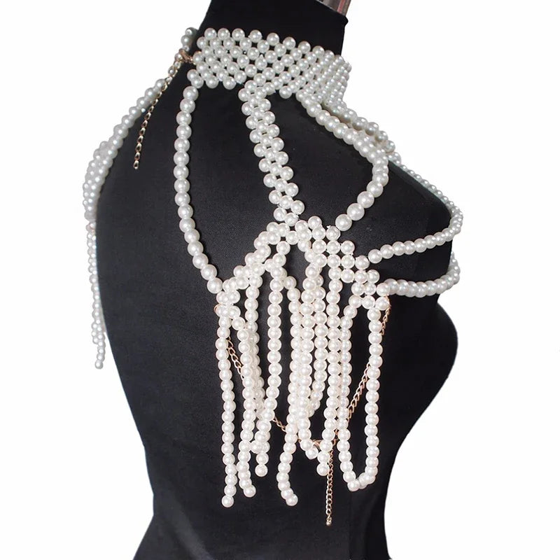 Fashion Pearl Shoulder Chain Jewelry Wedding Party Big Necklace Sweater Chain Shoulder Chain Wedding Accessories Gift for Women