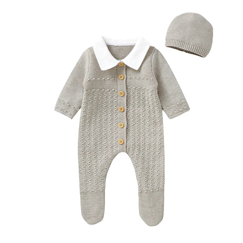 Baby Rompers Set Knit Infant Children Clothes Hat 0-9M Fashion Solid Newborn Girls Jumpsuit Long Sleeve Overalls Pantyhose 2pcs