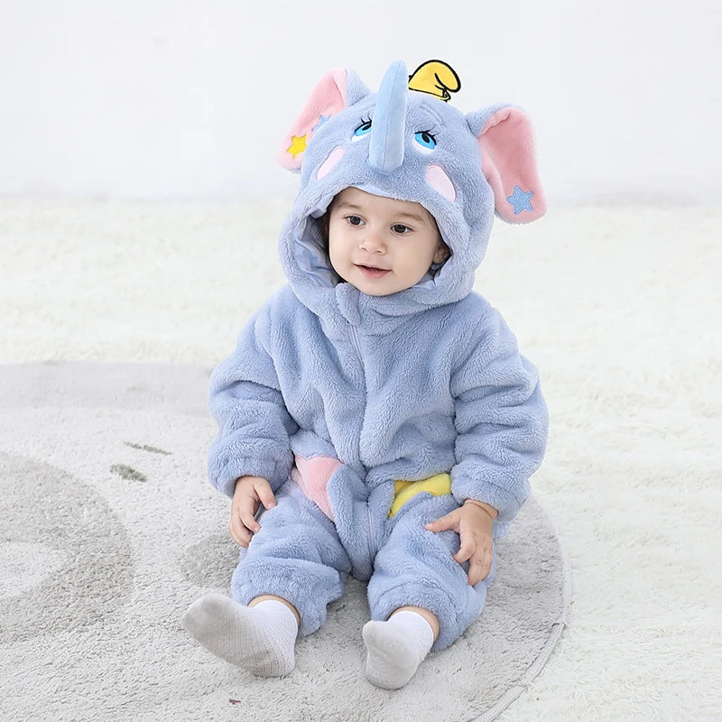 New Cute Elephant Newborn Baby Clothes Bodysuit Winter Flannel Boys Girls Romper Warm Cosplay Costume Outfit Hooded Jumpsui