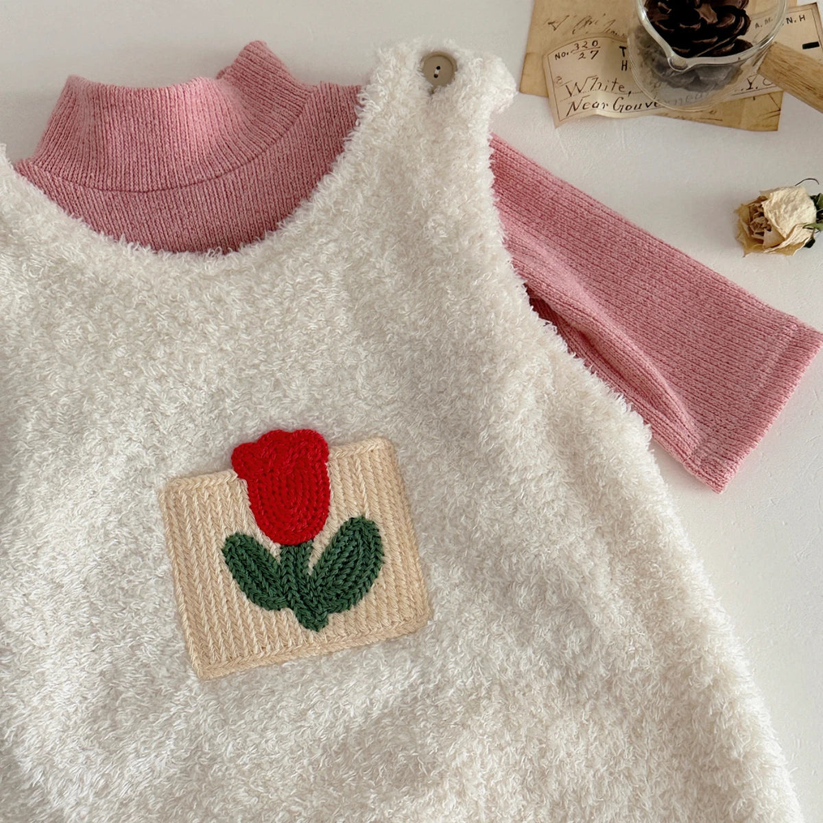 2Pcs Winter Autumn Toddler Baby Girls Clothes Flower Embroidered Plush Rompers+Pink Bottom Shirt Set Infant Warm Clothing Suits