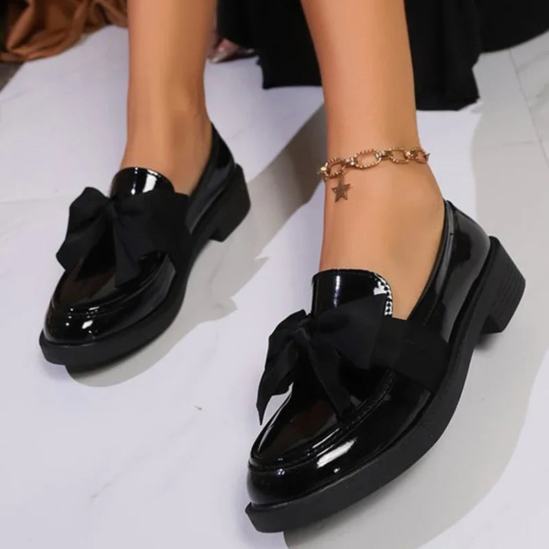 Fashion Bowknot Slip On Loafers for Women 2025 Summer Solid Color Patent Leather Shoes Woman Comfort Soft Sole Platform Loafers