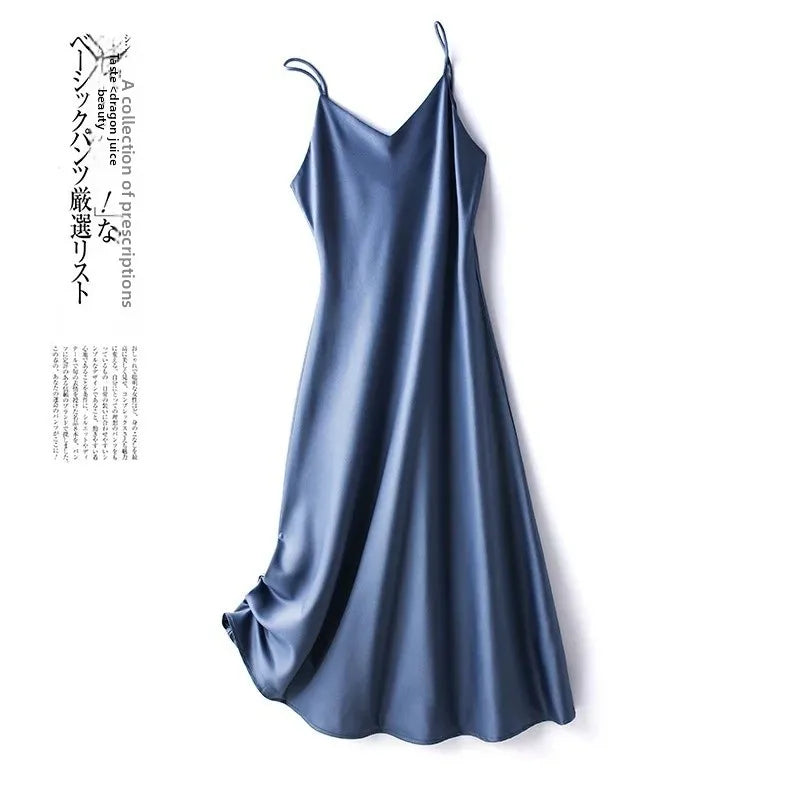 Silk V-neck Slim-fit Satin Dress Sexy Strap Long Gown for Women New 2025 Spring Summer Inner Wear Dress Elegant Lady Dress