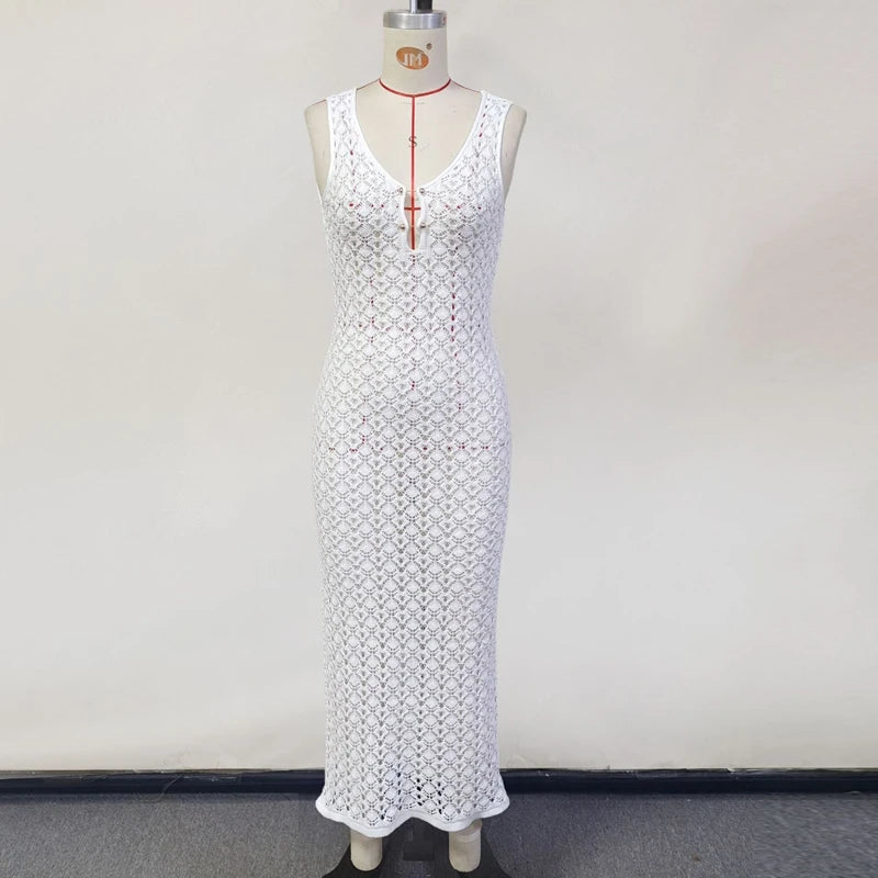 Solid Color Hollow Knitted Beach Vacation Dress Elegant Sleeveless Skinny Cover-up Dress Women Sexy Perspective Swimwear Dress