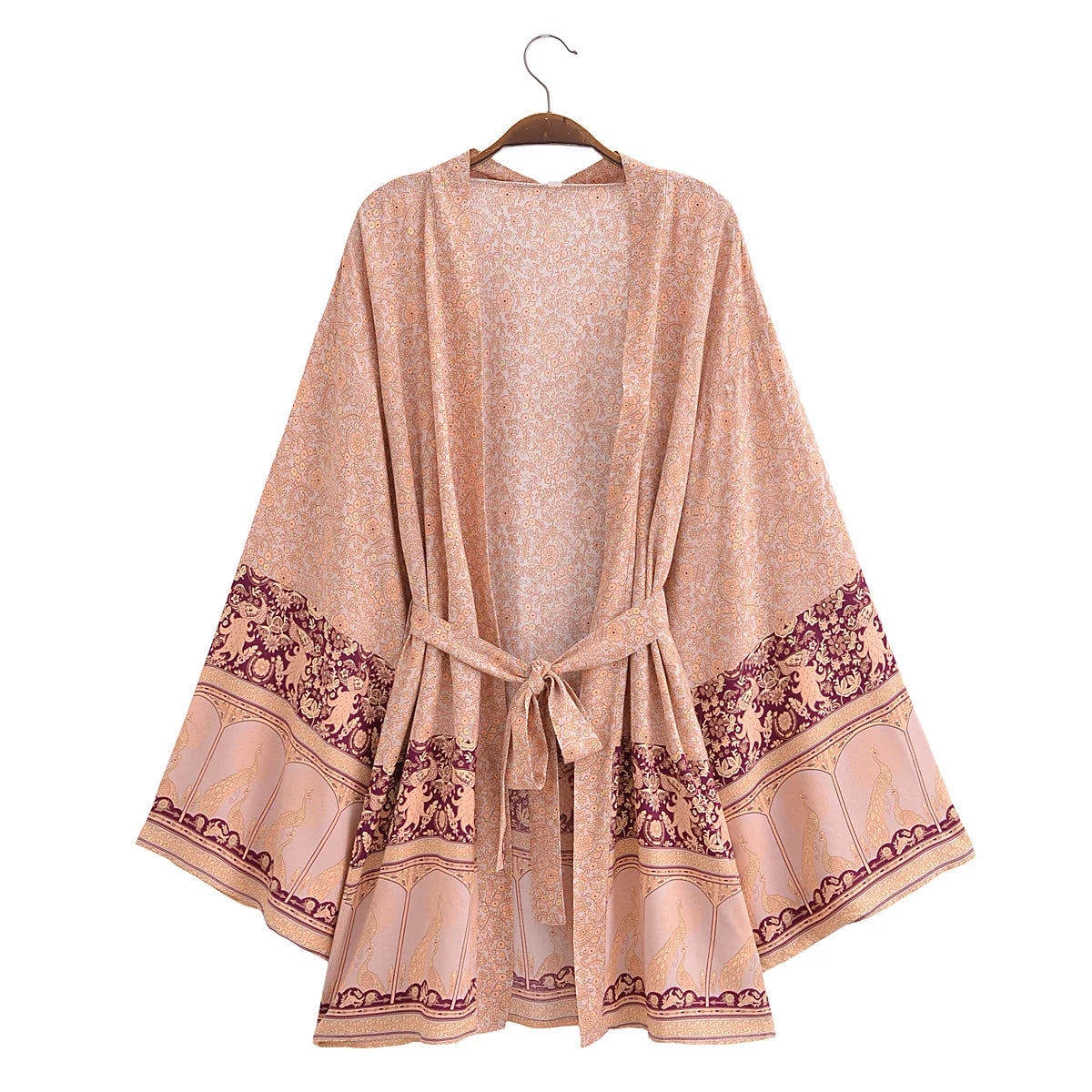 BOHO Women Blue With Pink Flower Print Kimono Shirt Holiday Tide Bow Sashes Mid Long Cardigan Summer Blouse Beach Cape