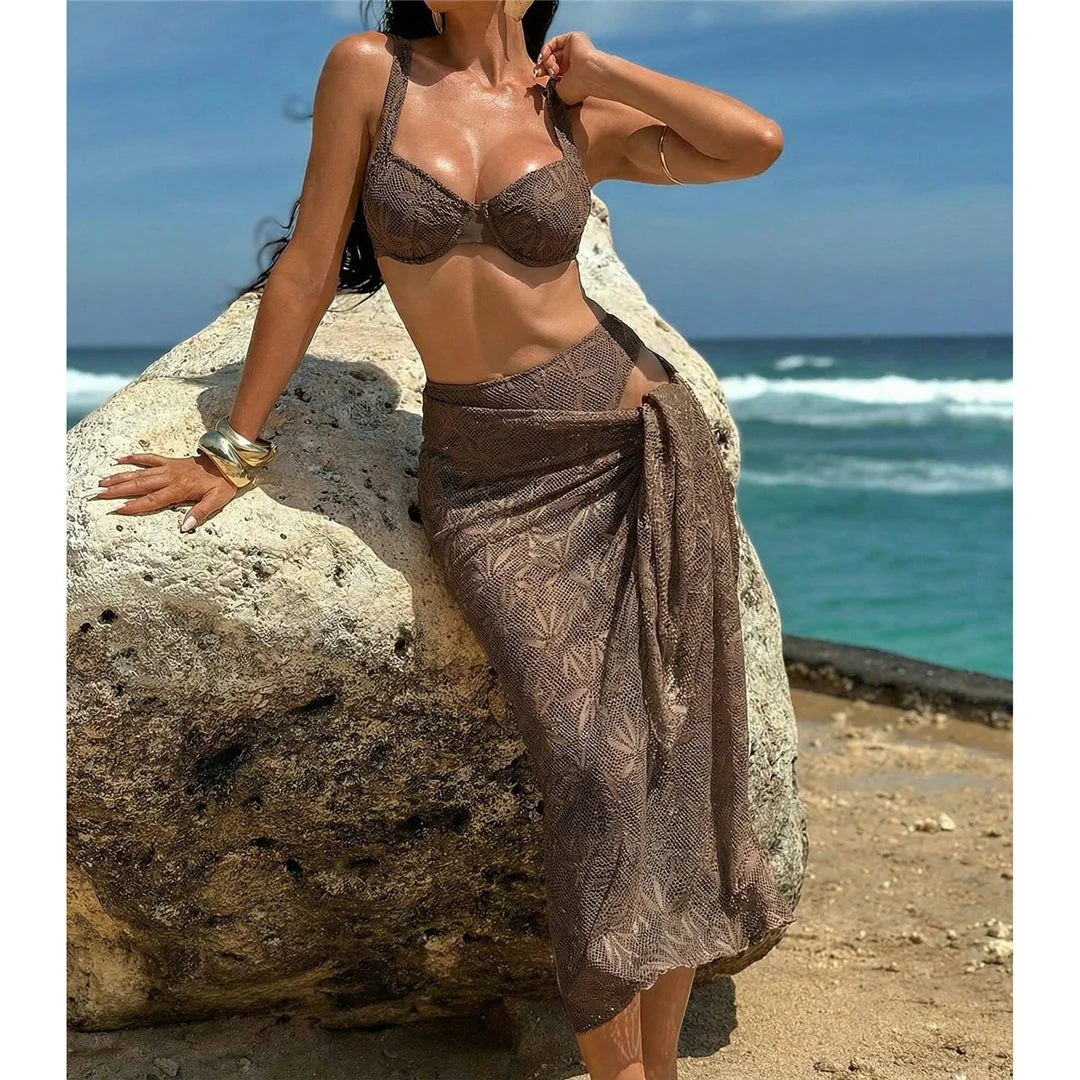 With Sarong Underwired Bikini Female Swimsuit Women Swimwear Three-Pieces Bikini Set Brazilian Bather Bathing Suit Swim V7936