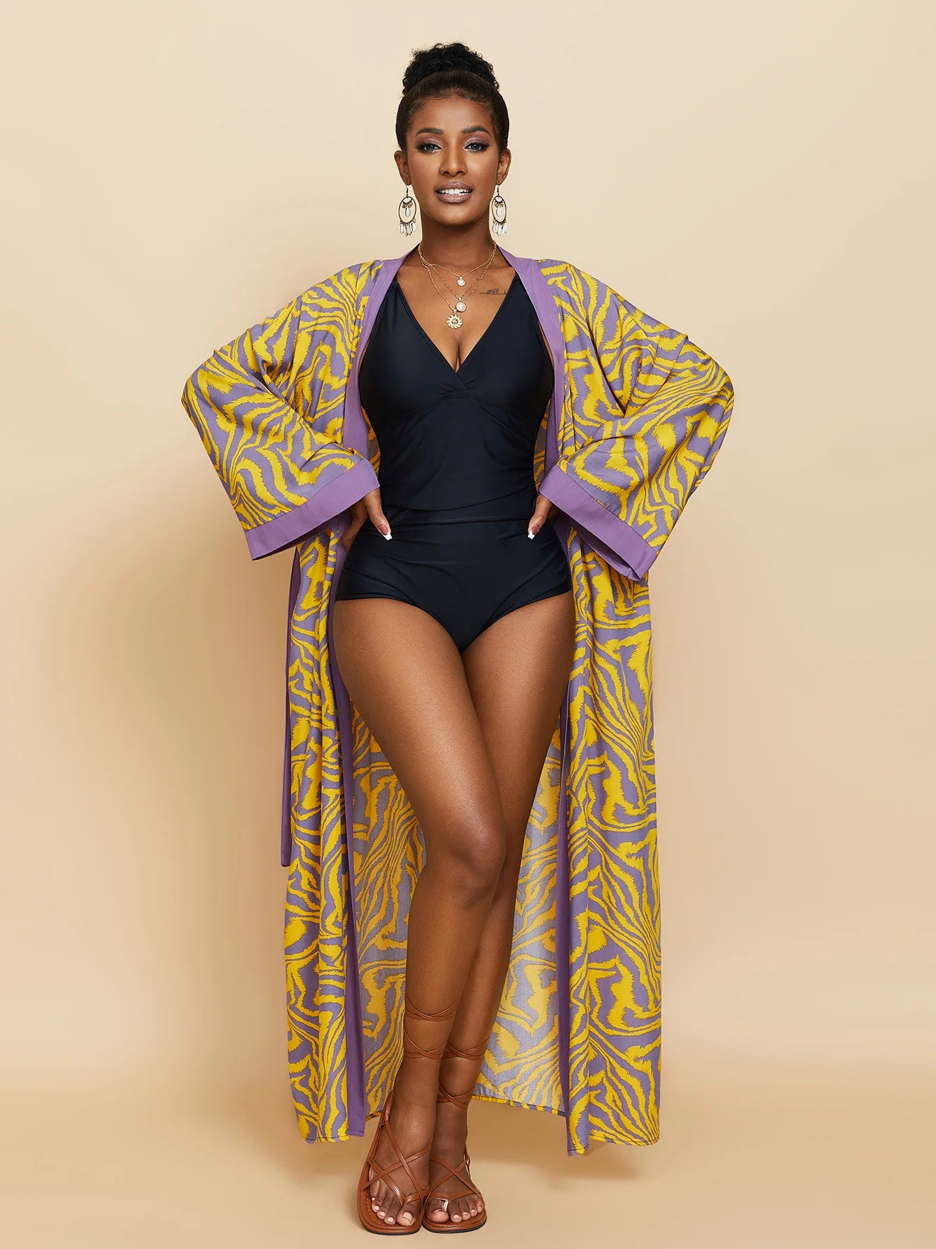 Zebra Beach Cover Ups for Women Long Sleeve Kimono Dress Self Belted Rayon Elegant Pareo 2023 Bathing Suits Holiday Beachwear