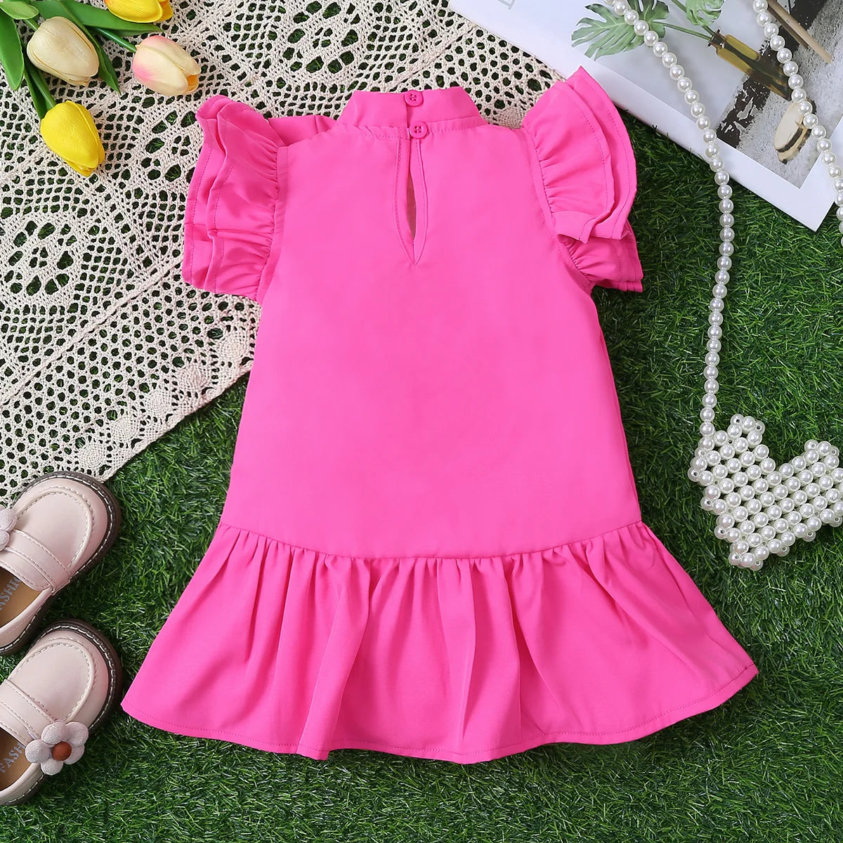 Baby Summer Solid Color Flying Sleeves Lace Dress Princess Dress Sweet, Cute and Exquisite Children's Accessories