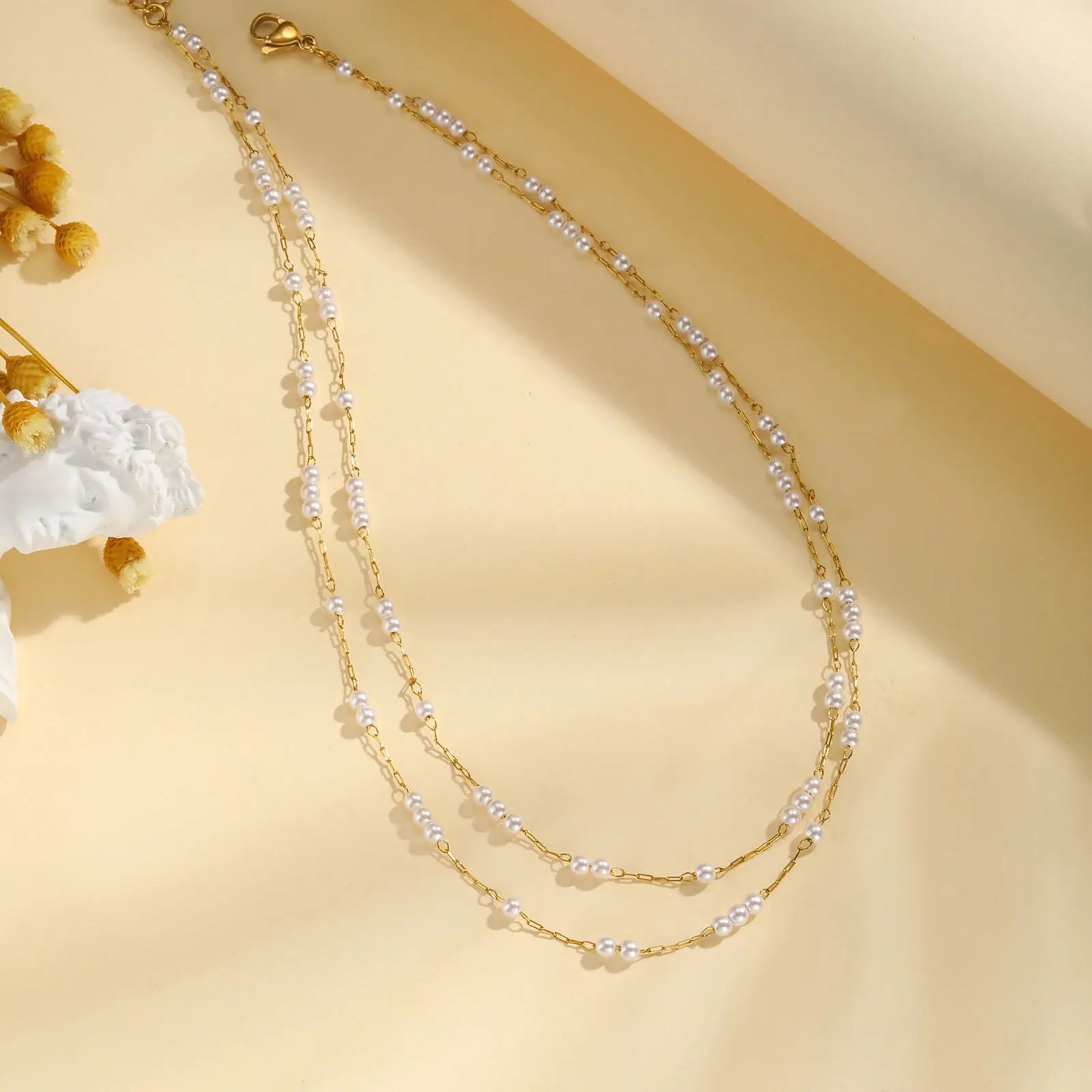 Pearl Choker Necklaces For Women, Double Layered Pearls Chain Necklace, Minimalist Stainless Steel Wedding Jewelry