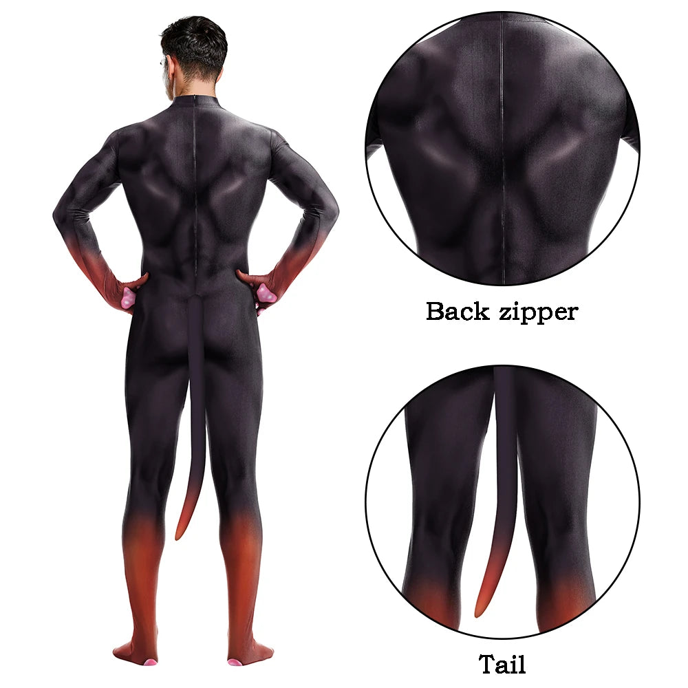 Halloween Cosplay Costume Male Adult Full Cover Elastic Zentai Pet Suit Jumpsuit Print Catsuit Bodysuits with Tail Purim Clothes
