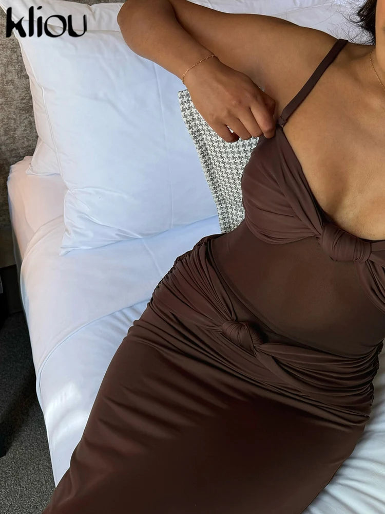 kliou Mesh Suspendency Women Maxi Dress Sexy See Through Tied Patchwork Low Neck Backless Bodycon Female Fashion Party Vestidos