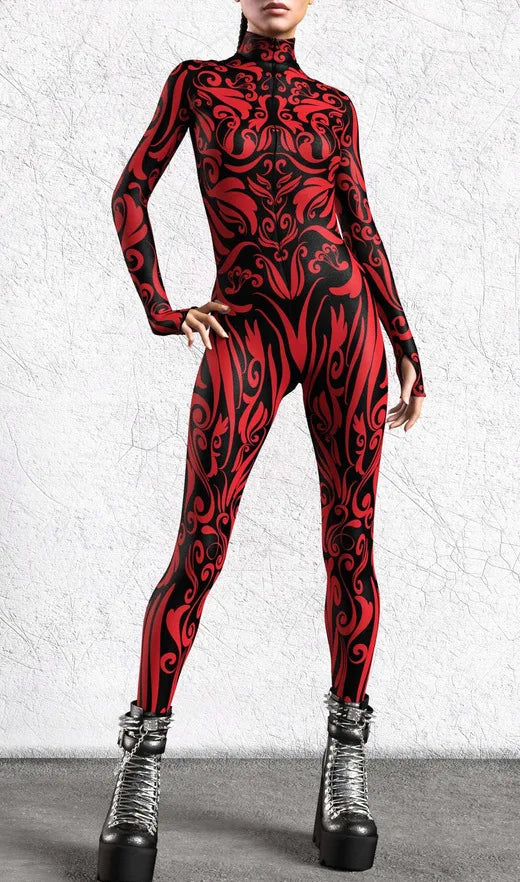 Halloween Costumes for Women 3D Abstract Print Full Body Jumpsuit Sexy Skinny High Neck Zentai Suit for Carnival Cosplay
