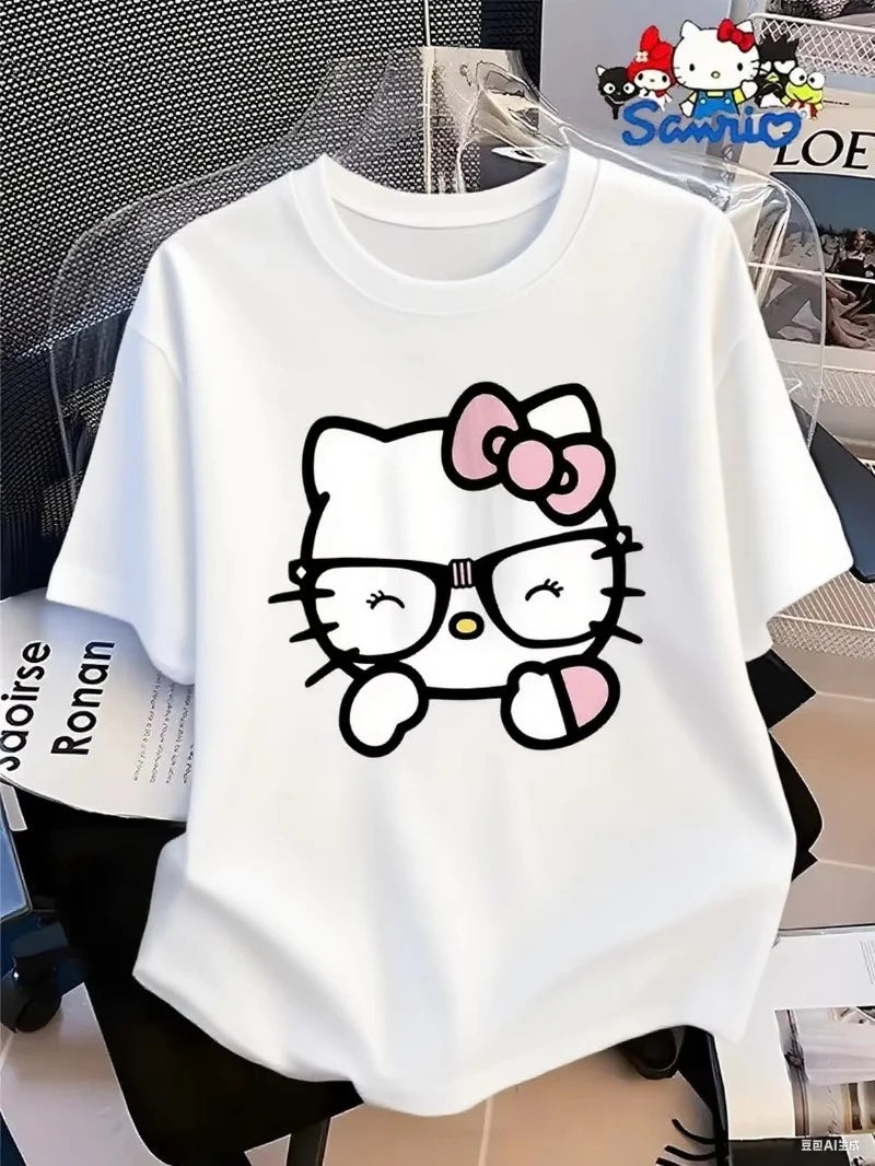 MINISO Cotton T Shirt with Hello Kitty in Glasses Graphic Sweet and Nerdy Style Trendy Printed Brand Cotton T-shirt Short Sleeve