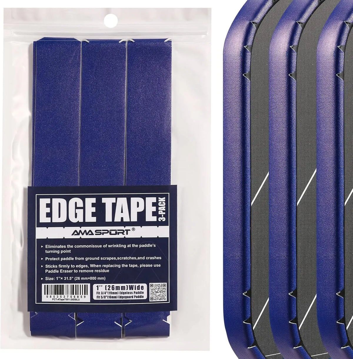 AMASPORT Pickleball Paddle Protection Tape 20mm/23mm/26mm  for 13mm/16mm/19mm Paddle-Navy Blue-Pickleball Edge Euard Tape