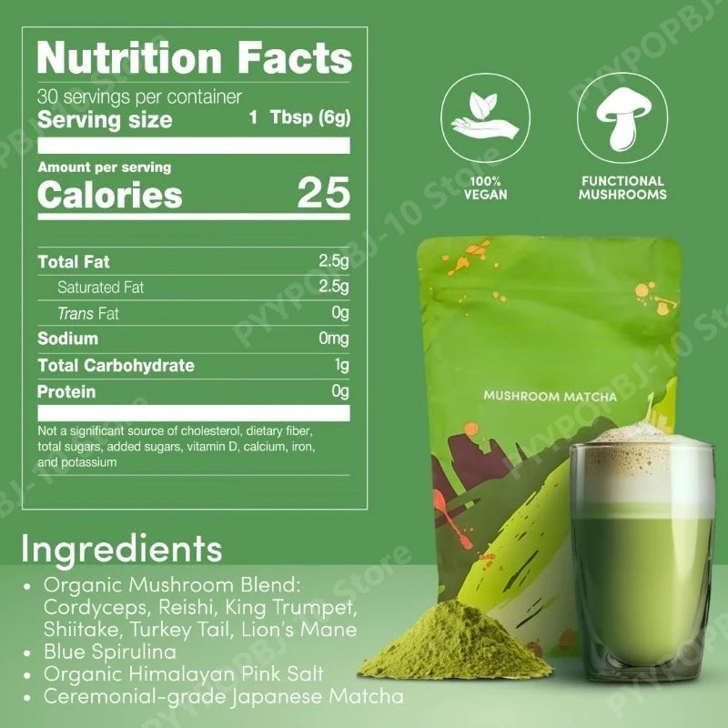 Organic Mushroom Matcha Supplement with Ganoderma Lucidum Lion’s Mane 180g of Natural Nutrients