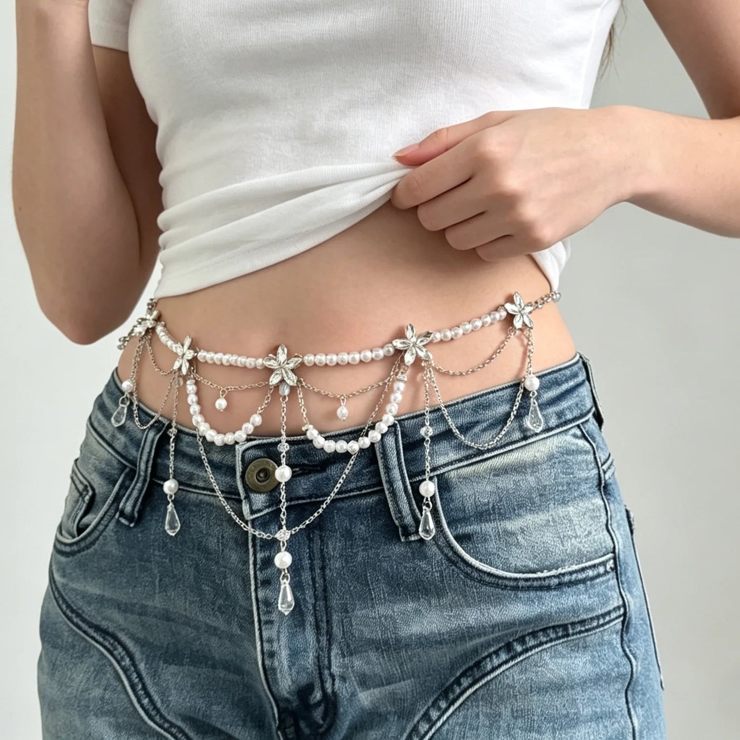 Fashionable Multi-Layer Pearl Tassel Waist Chain for Women Elegant Floral Body Chain Summer Holiday Accessory Gentle Style