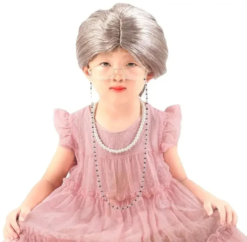 Halloween  Great grandma cosplay older performance costume Kid Halloween wig necklace eyeglass