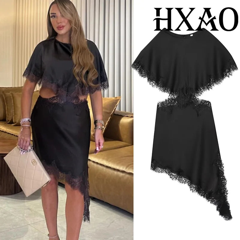 HXAO Cut Out Black Dress Woman Asymmetrical Lace Midi Dress Cape Sleeve Elegant Party Dresses Women Sexy Luxury Cocktail Dress