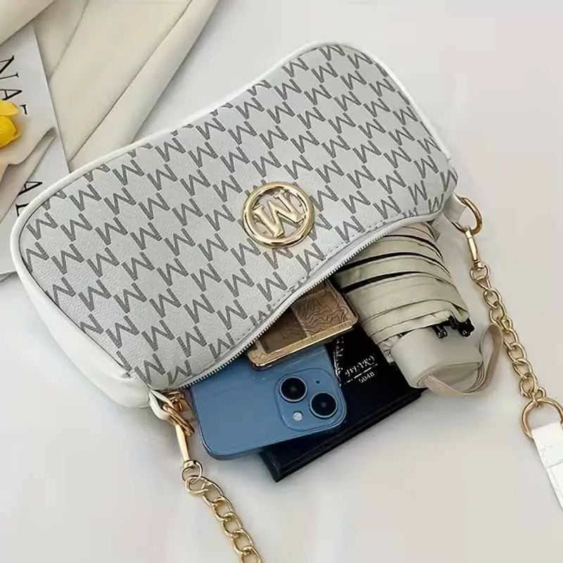 Fashion Ladies Geometric Print Chain Underarm Bag Metal Logo Decor Lightweight Shoulder Crossbody Handbag for Daily Use