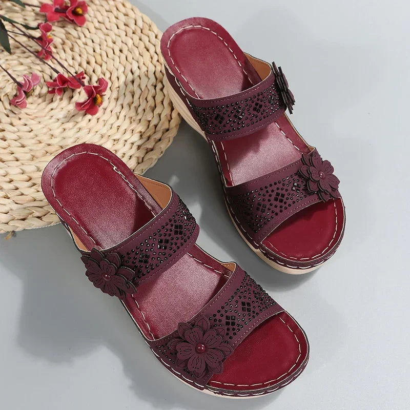 2024 Summer Women Slippers Plus Size Women's Shoes Retro Roman Sandals Women Pu Casual Flower Wedge Sandals Platform Slippers