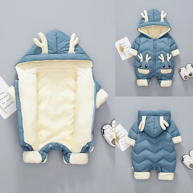 OLEKID 2025 Baby Winter Snowsuit Plus Velvet Thick Baby Boys Jumpsuit 0-2 Years Newborn Romper Baby Girls Overalls Toddler Coat