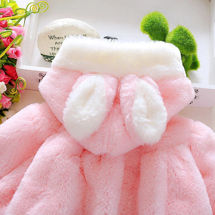 Winter Kids Jacket Newborn Girls Clothes Korean Cartoon Cute Hooded Thick Warm Fake Fur Fleece Pink Baby Tops Toddler Coat BC719