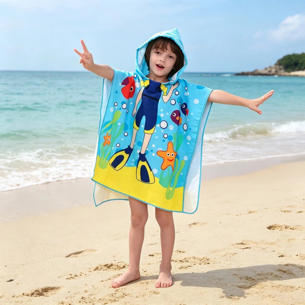 60-120cm Kids Hooded Bath Beach Poncho Towels Baby Quick Dry Bathrobe Child Cartoon Cloak Poncho Towels Microfiber Swim Cover-up