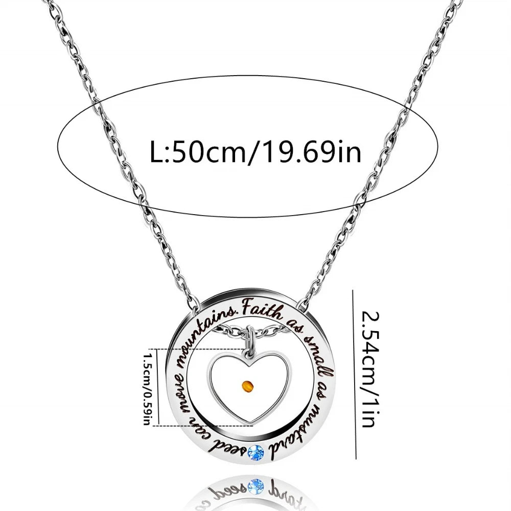 Round Heart Pendants Stainless Steel Necklaces with Carved Letters Mustard Seed Faith Necklace Men Women Fashion Jewelry Gift