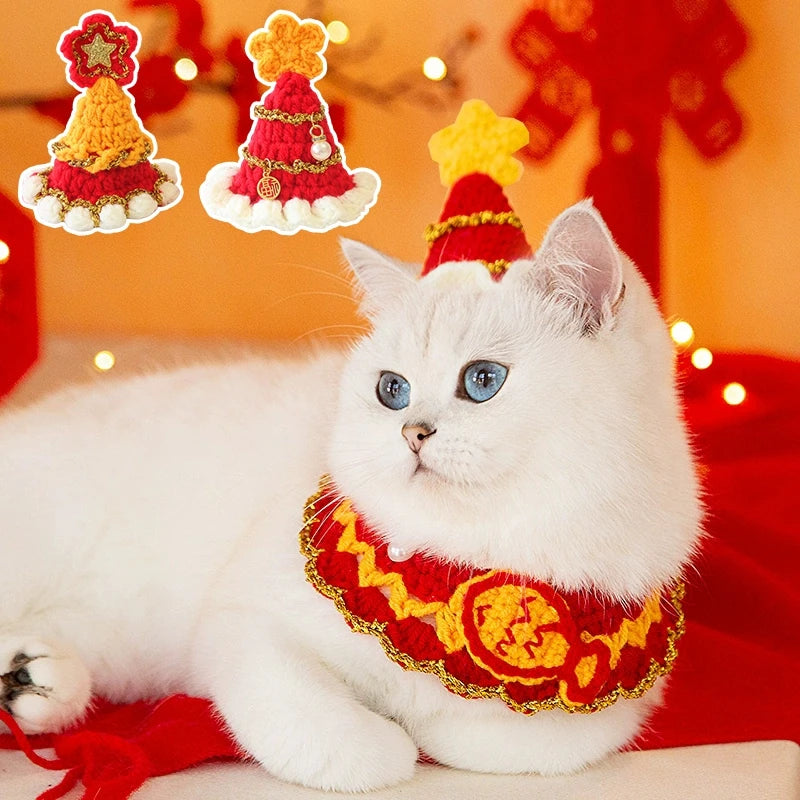 New Year Cat Collar Pet Cat Dog Scarfs Crocheted Kitten Puppy Collar Spring Festival Cat Cosplay Costume Pet Accessiories