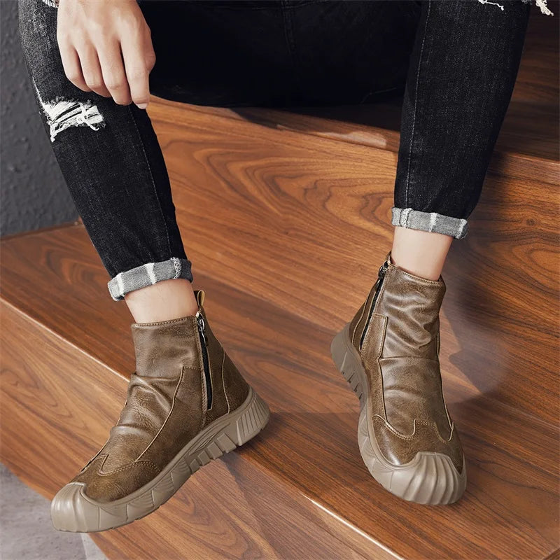 Fipatbu Unisex wool-lined barefoot leather boots with a solid color and a wide-toe design