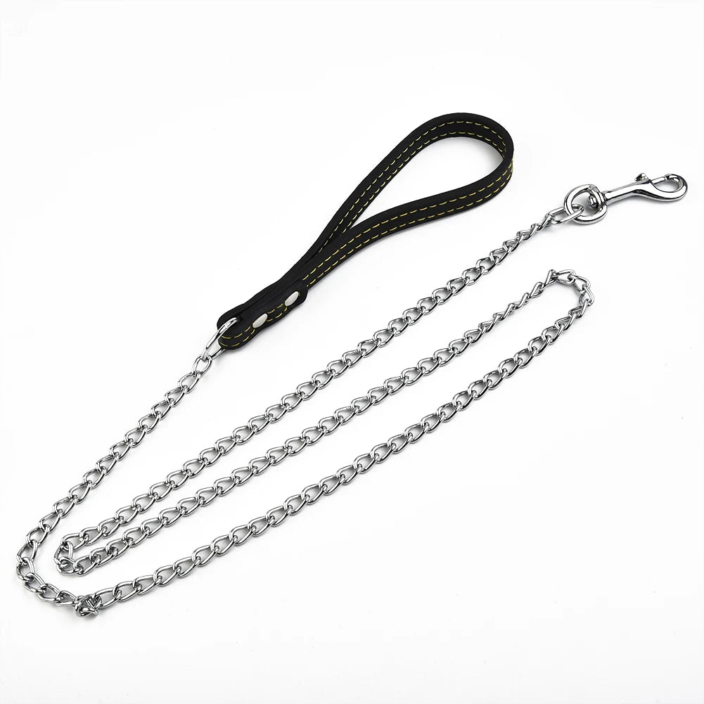 Durable Pet Dog Chain Metal Leash For Small Medium Dog PU Handle Leather Iron Chain Leash Anti-Bite Chain Dog Accessories