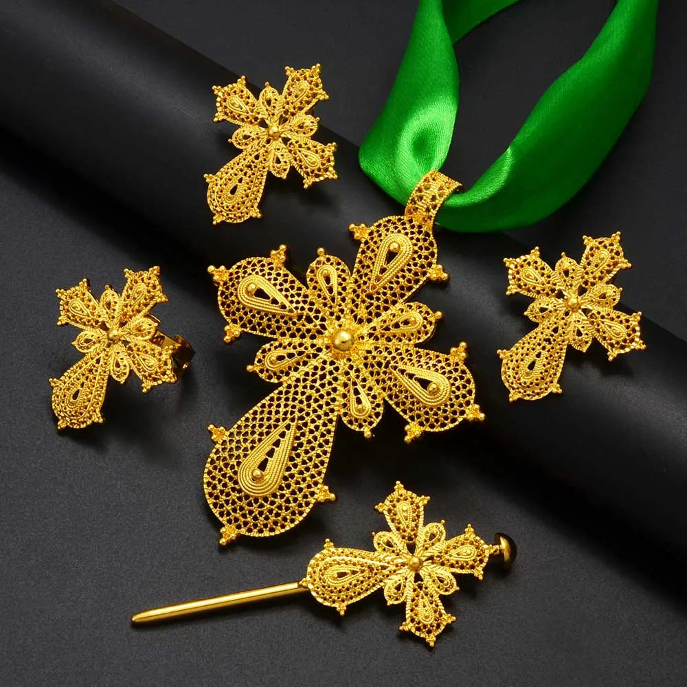 Anniyo Ethiopian Cross Jewelry sets Silver/Gold Color Necklaces Earrings Ring Hairpin Eritrean African Ethnic Wedding #313806