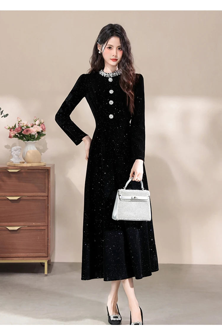Formal Occasion Black Shiny Slim Long Evening Dress Women Clothes Elegant Luxury Lady Fashion Party Prom Birthday Vestids Retro