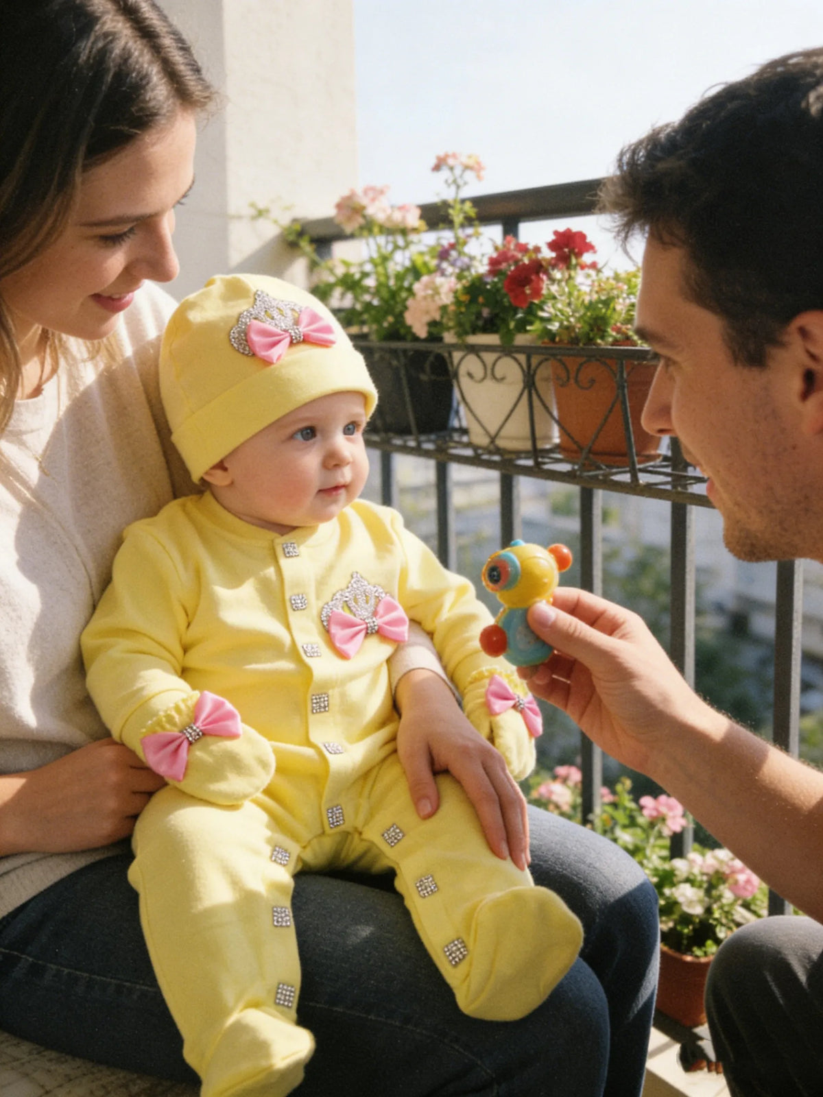 Adorable Newborn Baby Girl Princess Yellow Crown Bow Footed Romper 3Pcs Set Baby Shower Birthday Photo Outfit Gift Box