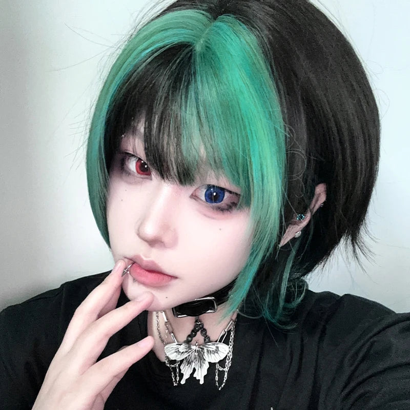 7JHH WIGS Short Straight Black Ombre Green Wig for Women Synthetic Modest Fashion Wear and Go Bob Wigs with Neat Bangs