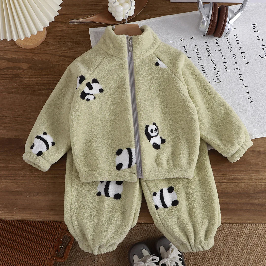 Toddler Baby Autumn and Winter Plus Velvet Thickened Set Cartoon Children's Home Clothes Shaking and Brushed Children's Set
