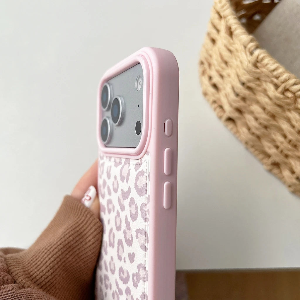 Fashion Sweet Pink Leopard Print Leather Shockproof Protective Phone Cover Case for iPhone 17 16 15 14 Pro Max