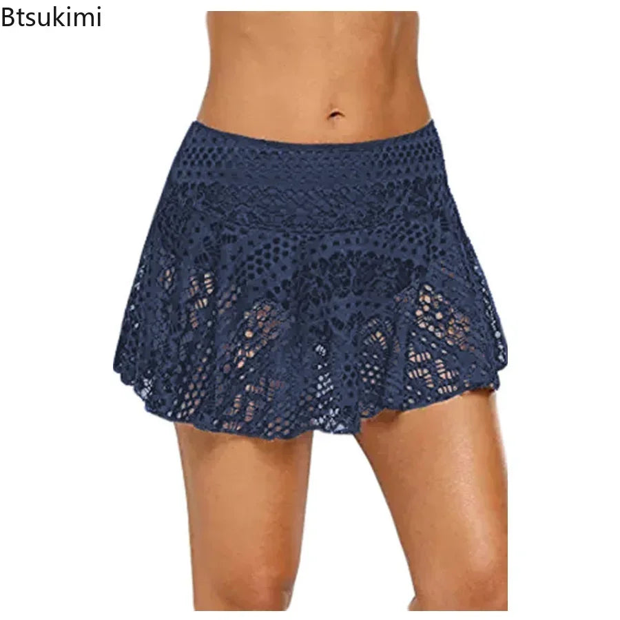 Women's Summer Shorts Skirt Swimwear Fashion Ladies Mini Mesh Lace Crochet Tiered Elastic Waist Famale Sexy Short Swimsuit Pants