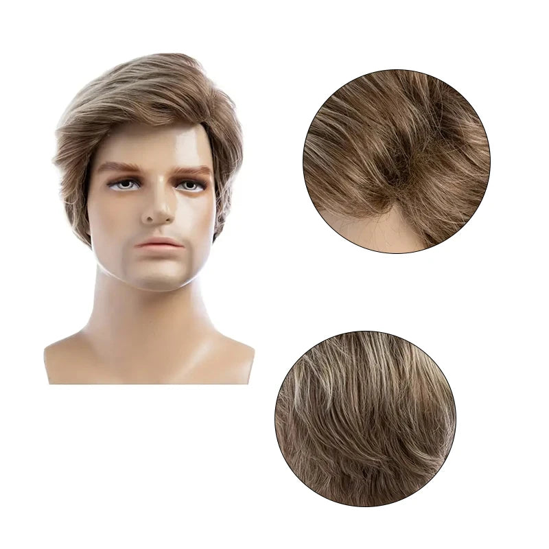 6 Inch Short Curly Synthetic Brown Wig, Handsome Men's Heat Resistant Wig with Bangs for Daily Use