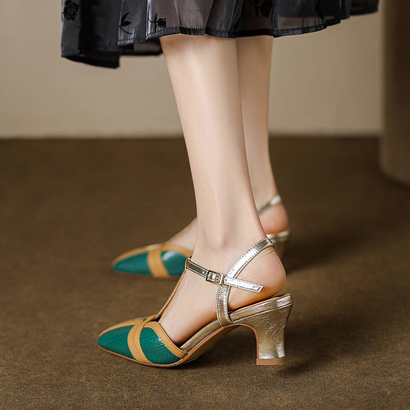 Dilalula 2025 Fashion T-Strap Genuine Leather Sandals Women Covered Toe Mixed Color Summer Dress Shoes Ladies Party French Style