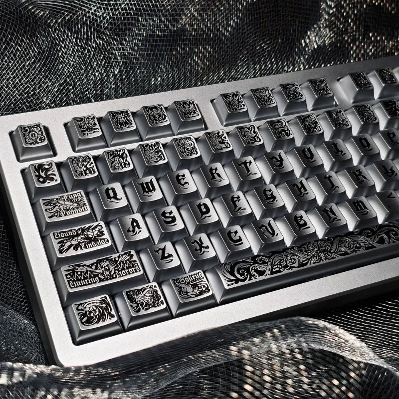 Cthulhu PBT Keycaps Set,130 Keys Custom Black Silver Metallic Silver Finish Cherry Profile Keycap For MX Mechanical Keyboard