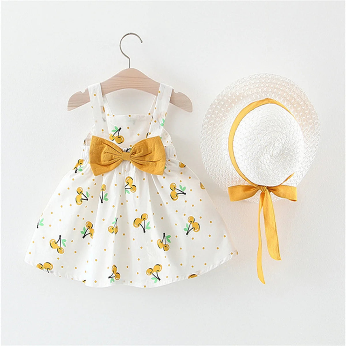 (0-3) Baby Girl Clothing Set 2/Piece Set Summer Baby Girl Cherry Printed Large Bow Cotton Beach Sleeveless Princess Dress+Hat