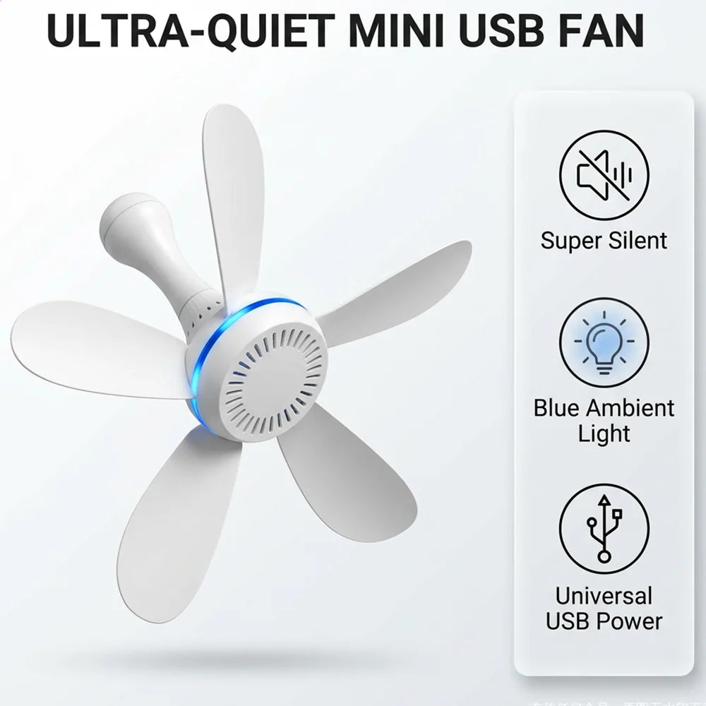 1 Set of USB Mini Quiet Ceiling Fans for Camping, Emergency Portable Outdoor Hanging Fans for Gazebos, Sheds, Dorms, Silent Fans with Extension Cord, White Fan