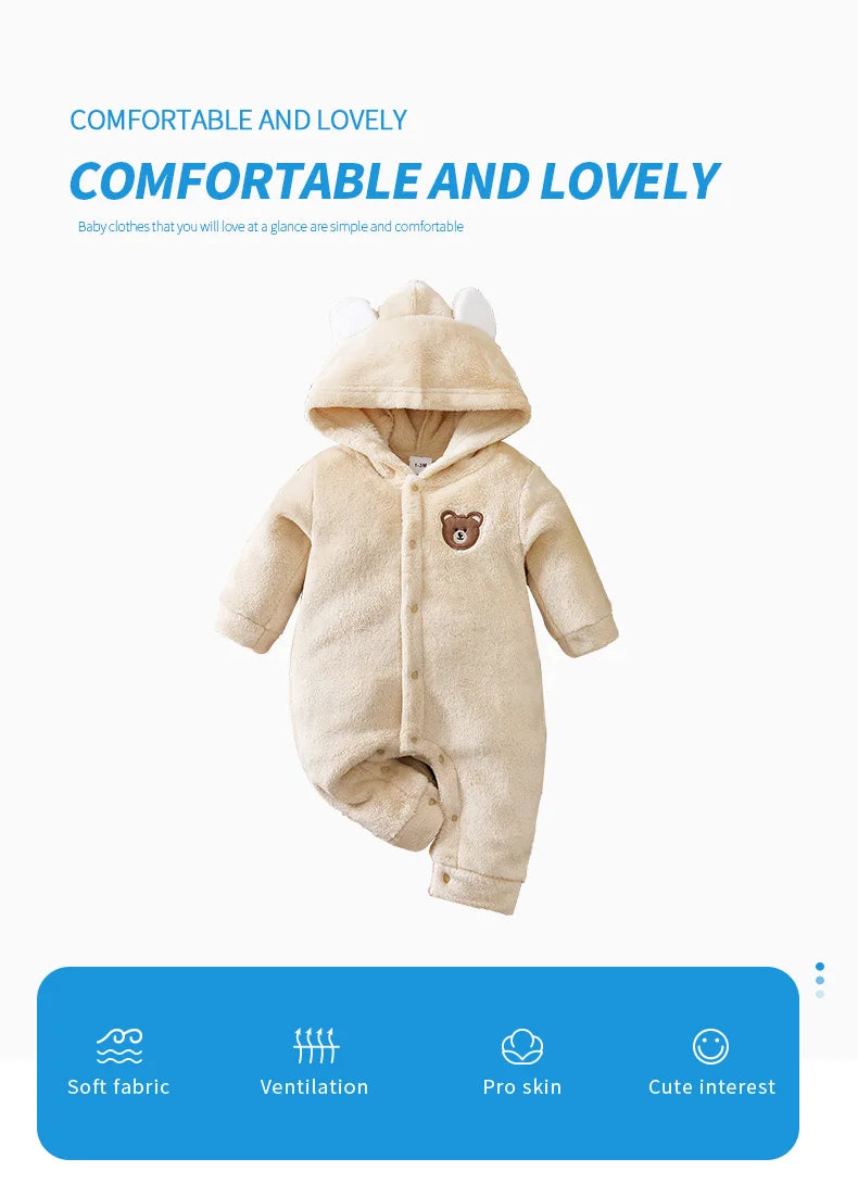 Newborn Baby Romper Winter Flannel Beige bear Hooded ears long sleeve Unisex Baby Pajamas 0-18 months Comfort Clothes