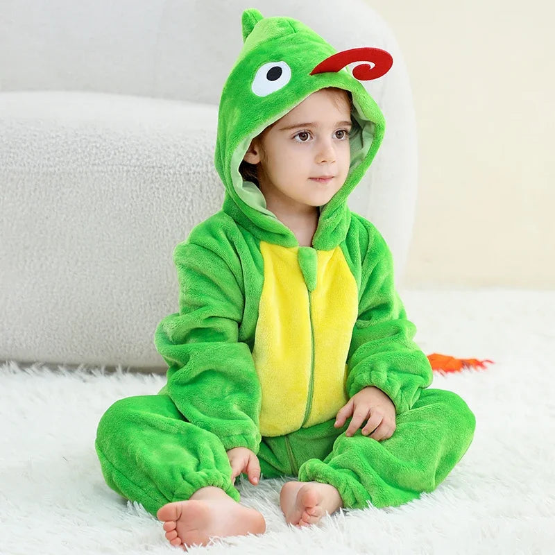 Halloween Costume Chameleon Baby Bodysuit Winter Hooded Plush Thicken Zipper Onesie Playful Cartoon Animal Rompers Holiday Dress
