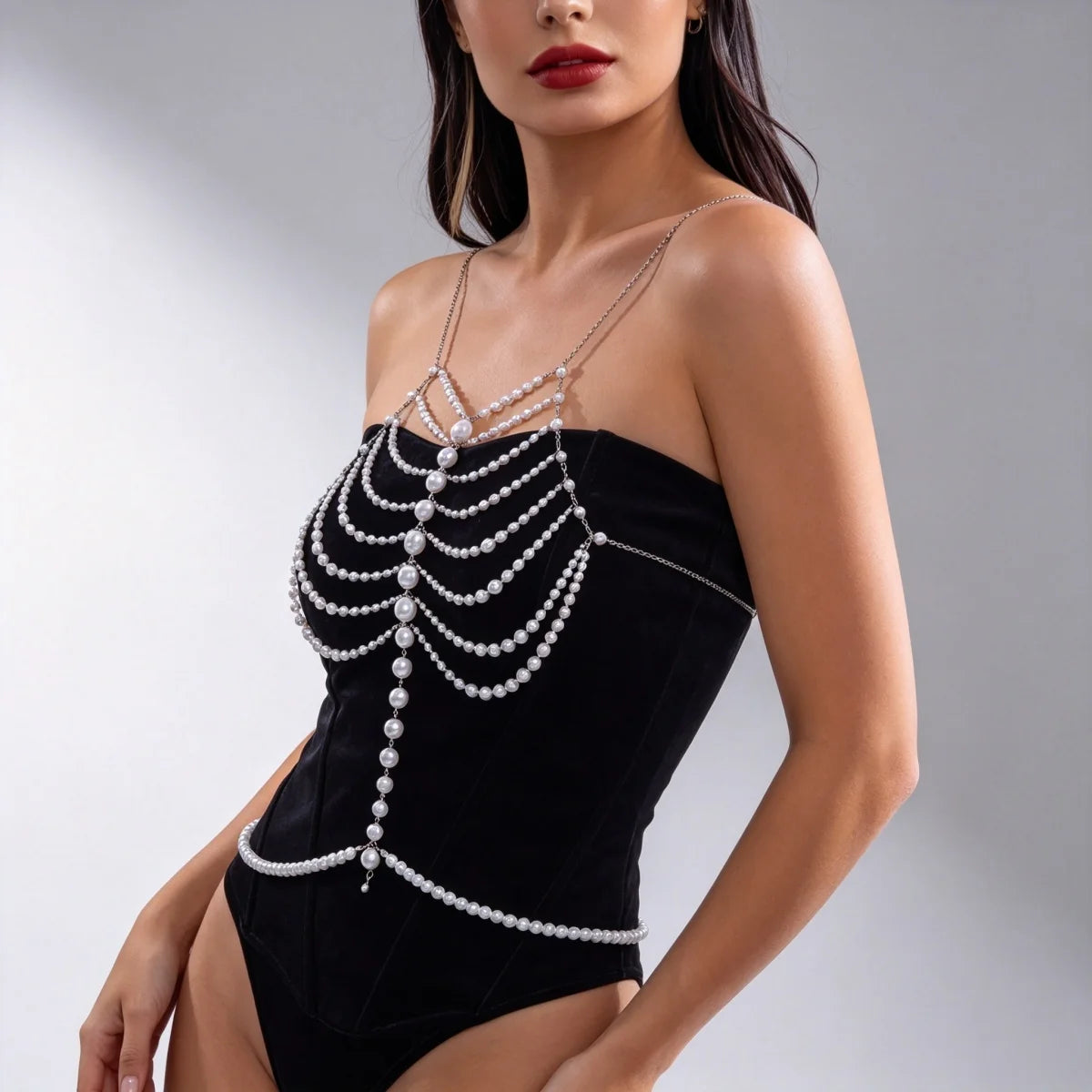 Elegant Simulated Pearl Beaded Halter Waist Chest Chain For Women Summer Beach Club Party Pearl Beads Body Chain Body Jewelry