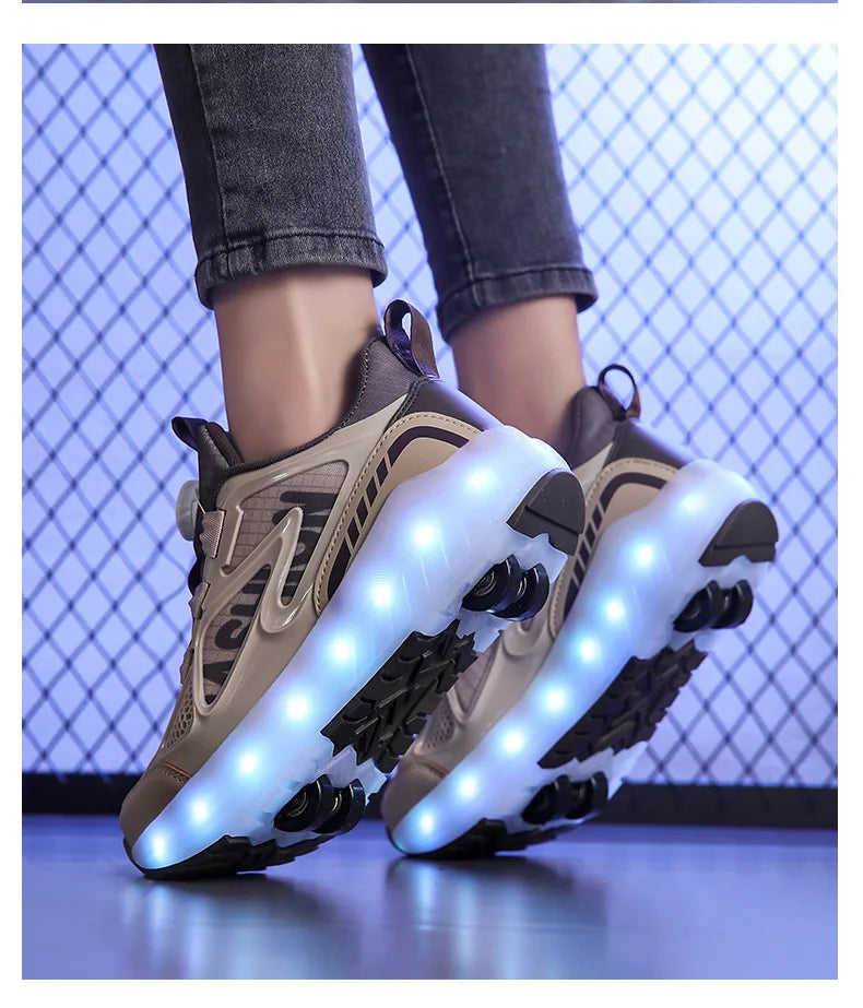Children's Roller Skate Shoes 4-Wheels Removable Wheeled Rolling Shoes for Kids with LED Light Inline Skate Sneaker