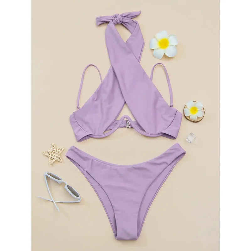 Sexy Bikini Women Cross Halter Underwire Swimsuit Split Push Up Bikini Set Female Bathers Swimming Summer Beachwear Bathing Suit